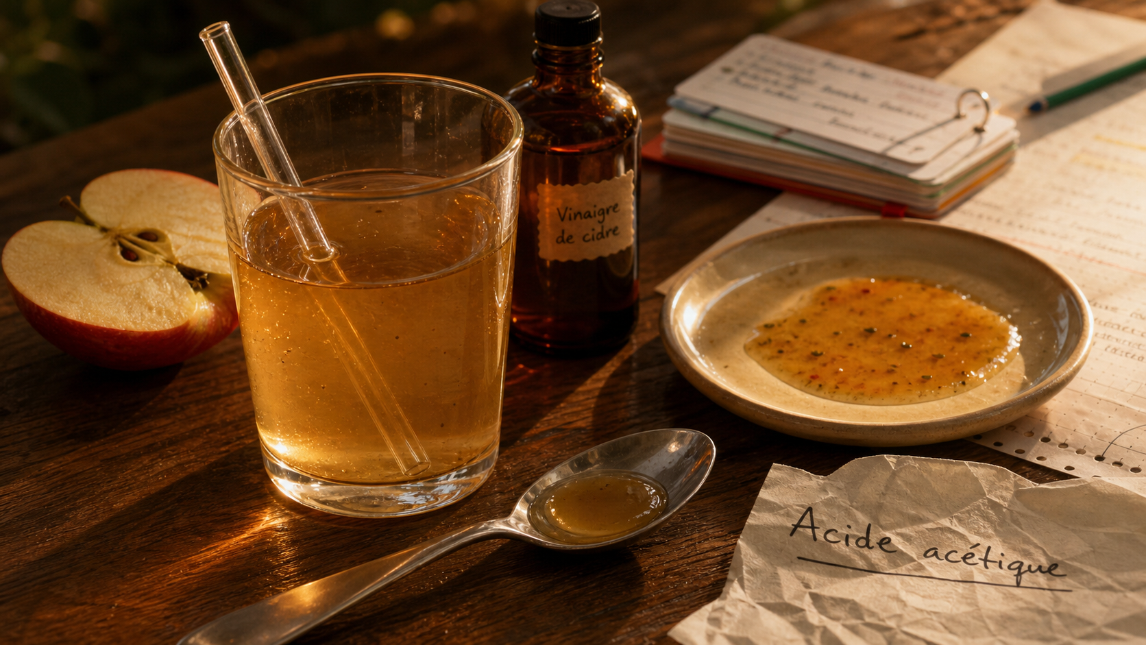 Vinaigre de cidre pour cholesterol : mélange eau et acide acétique, pomme et bouteille brune
