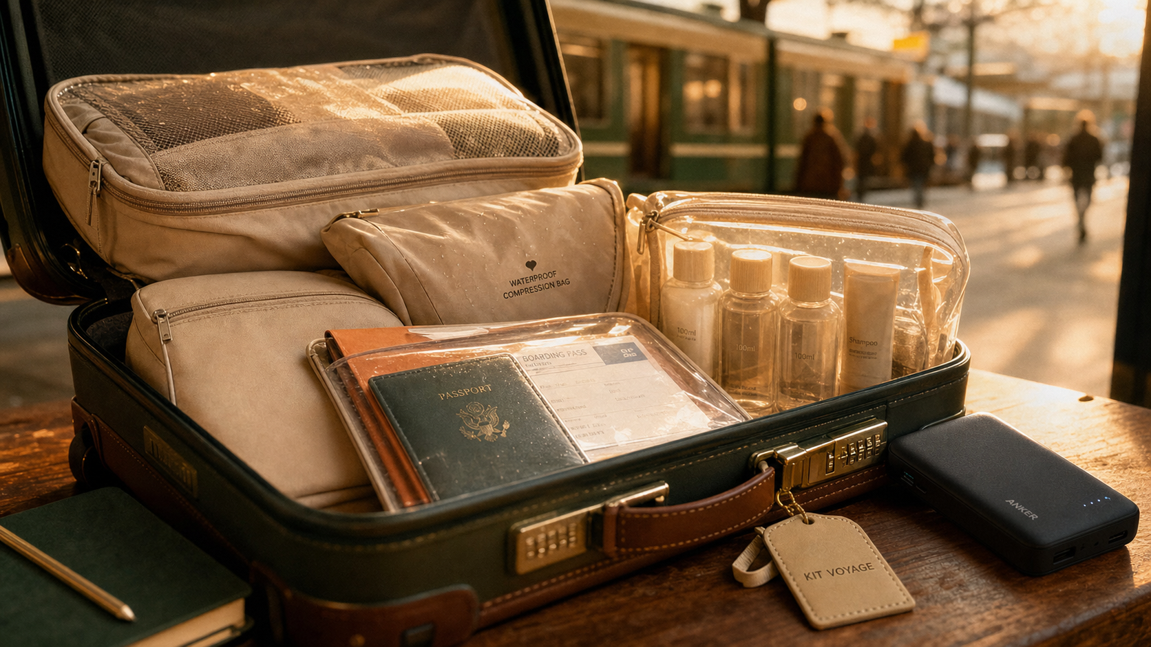 Accessoires pour voyageur : batterie externe, housses, pochette documents