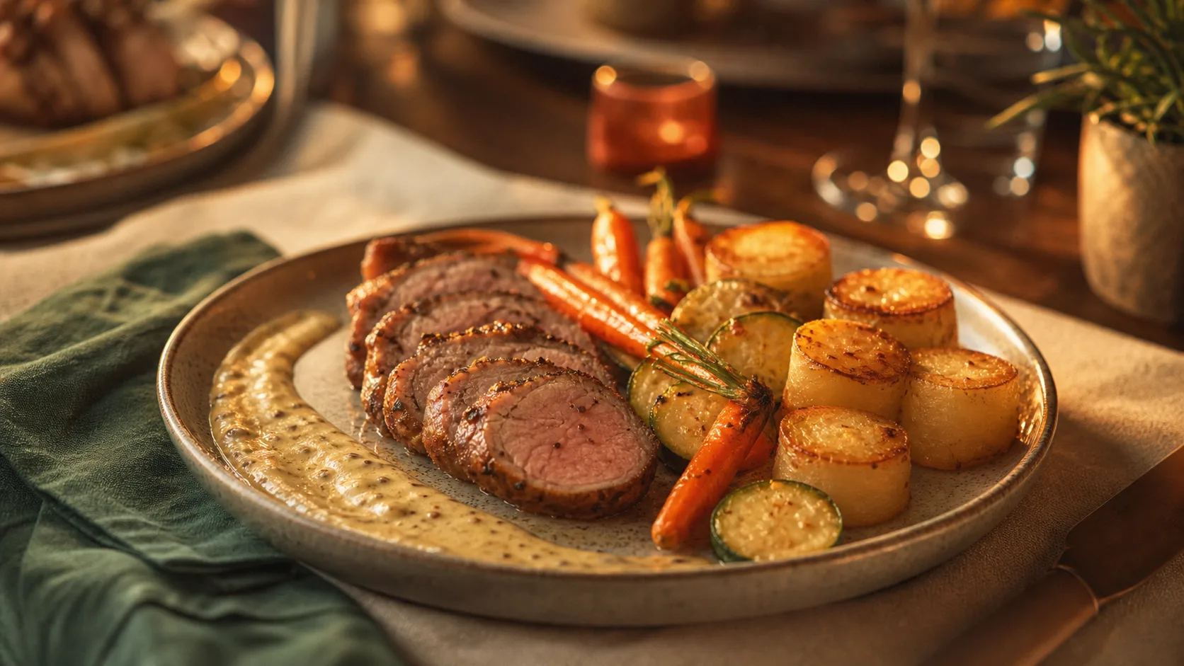 Accompagnement filet mignon avec pommes de terre et légumes rôtis