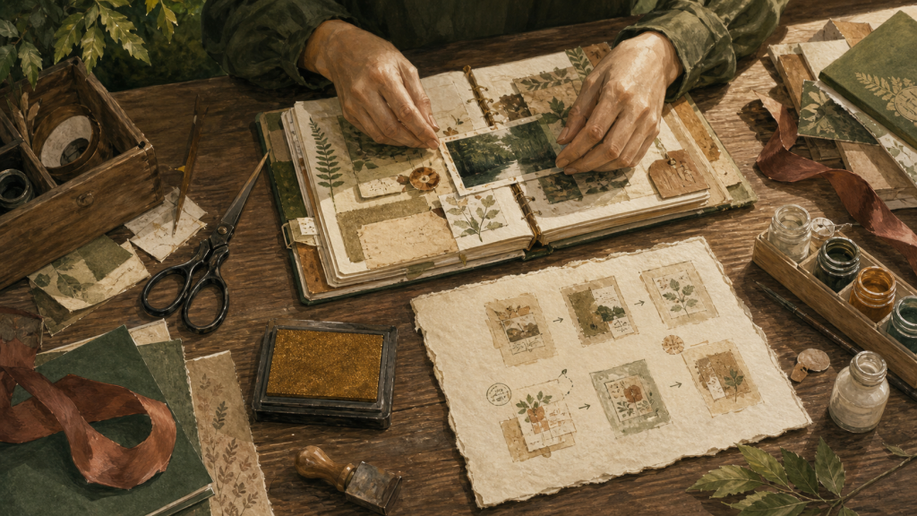 Activité manuelle adulte : kit DIY scrapbooking, carnet ouvert, ciseaux et colle