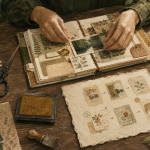 Activité manuelle adulte : kit DIY scrapbooking, carnet ouvert, ciseaux et colle