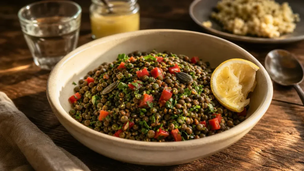 Aliments avec beaucoup de fer : salade de lentilles et graines, sources végétales