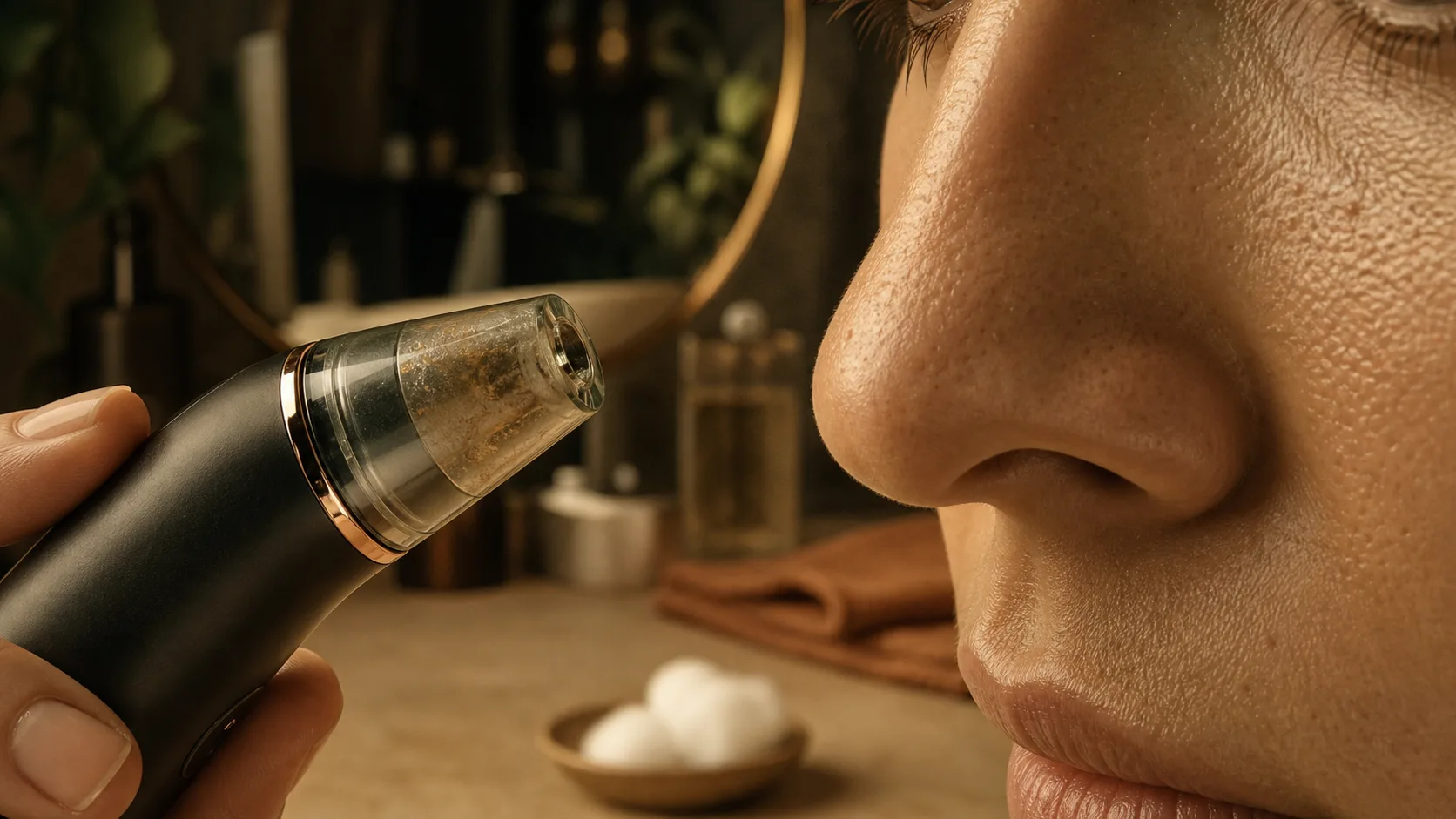 Aspirateur point noir avis dermatologue, gros plan sur le nez et pores visibles