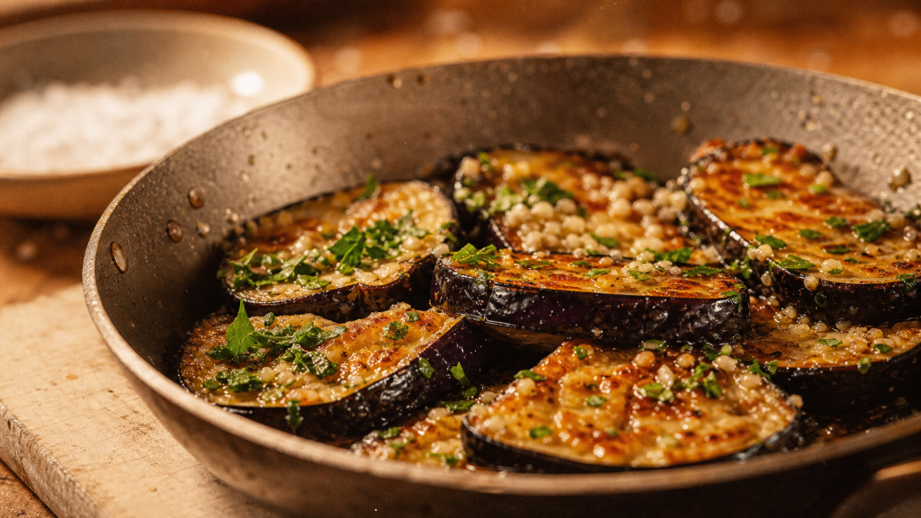 Aubergine fondante à la poêle, tranches dorées prêtes en 3 à 4 minutes