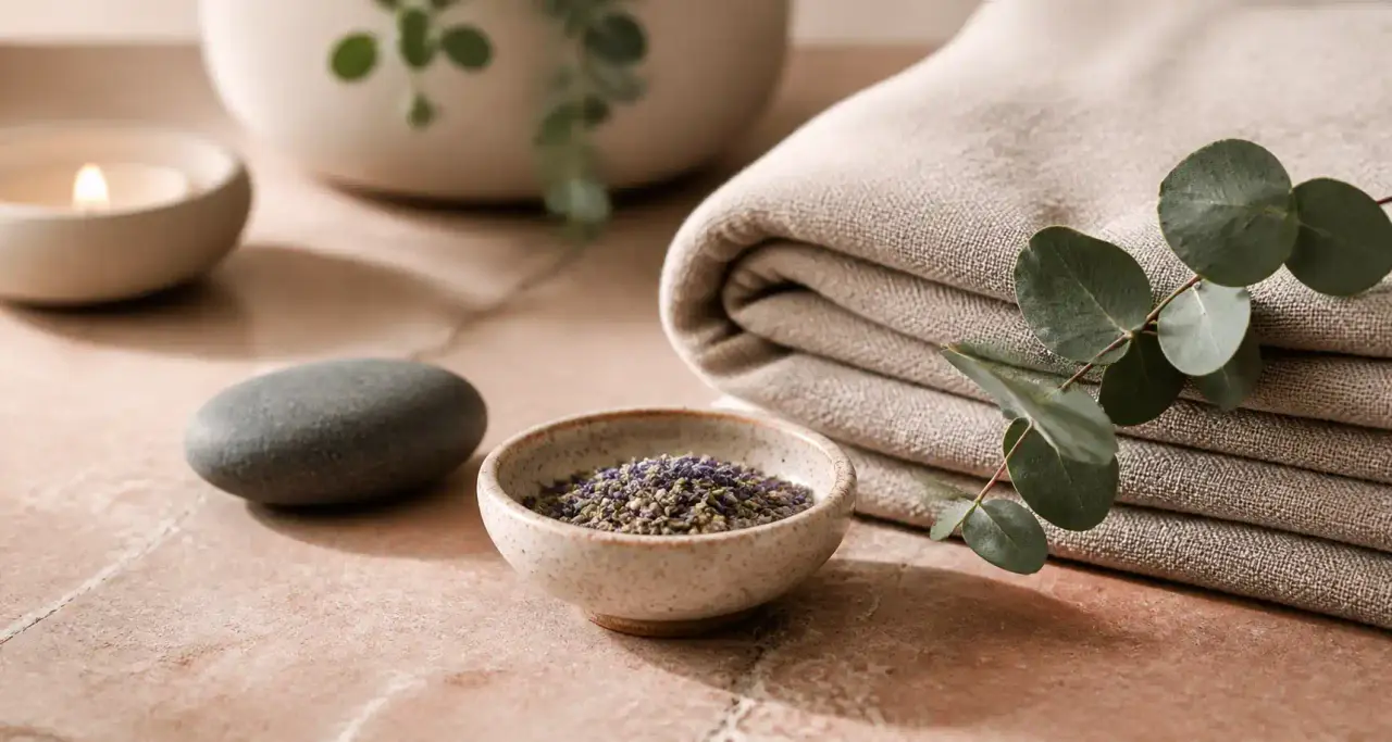 Nature morte bien-être : linge, pierre de massage et eucalyptus sur fond pierre rosée