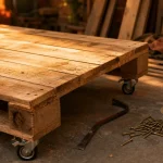Bois de palette meuble : table basse poncée, outils, roulettes métalliques
