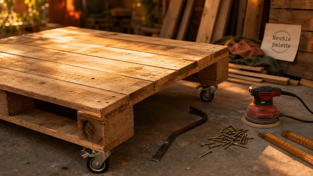 Bois de palette meuble : table basse poncée, outils, roulettes métalliques