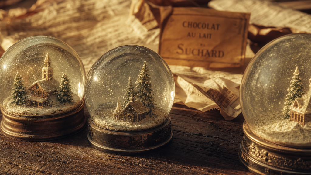 Boules à neige anciennes, globe en verre patiné et décor hivernal