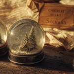 Boules à neige anciennes, globe en verre patiné et décor hivernal