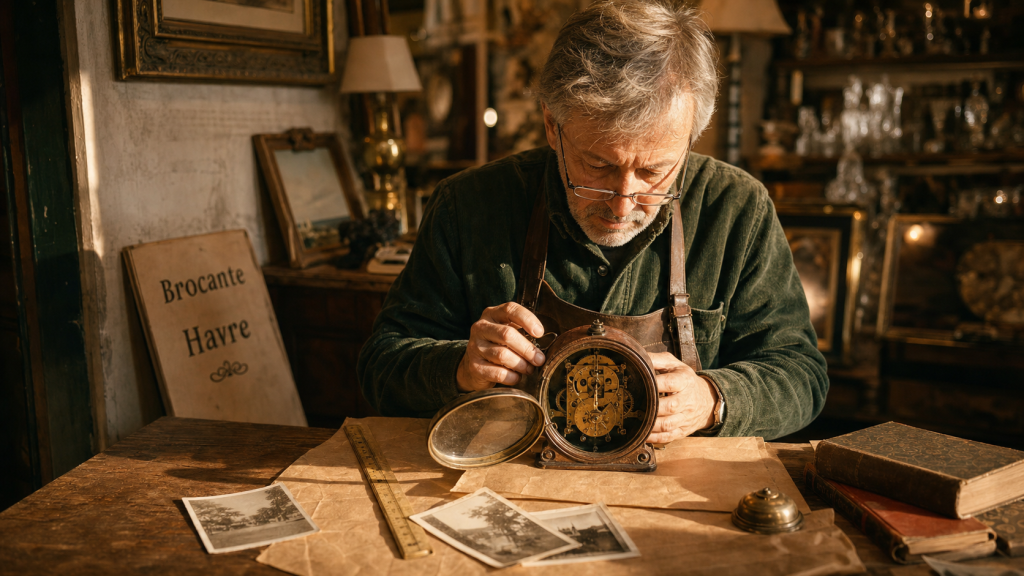 Brocanteurs le Havre examinant une pendule ancienne pour estimer la valeur