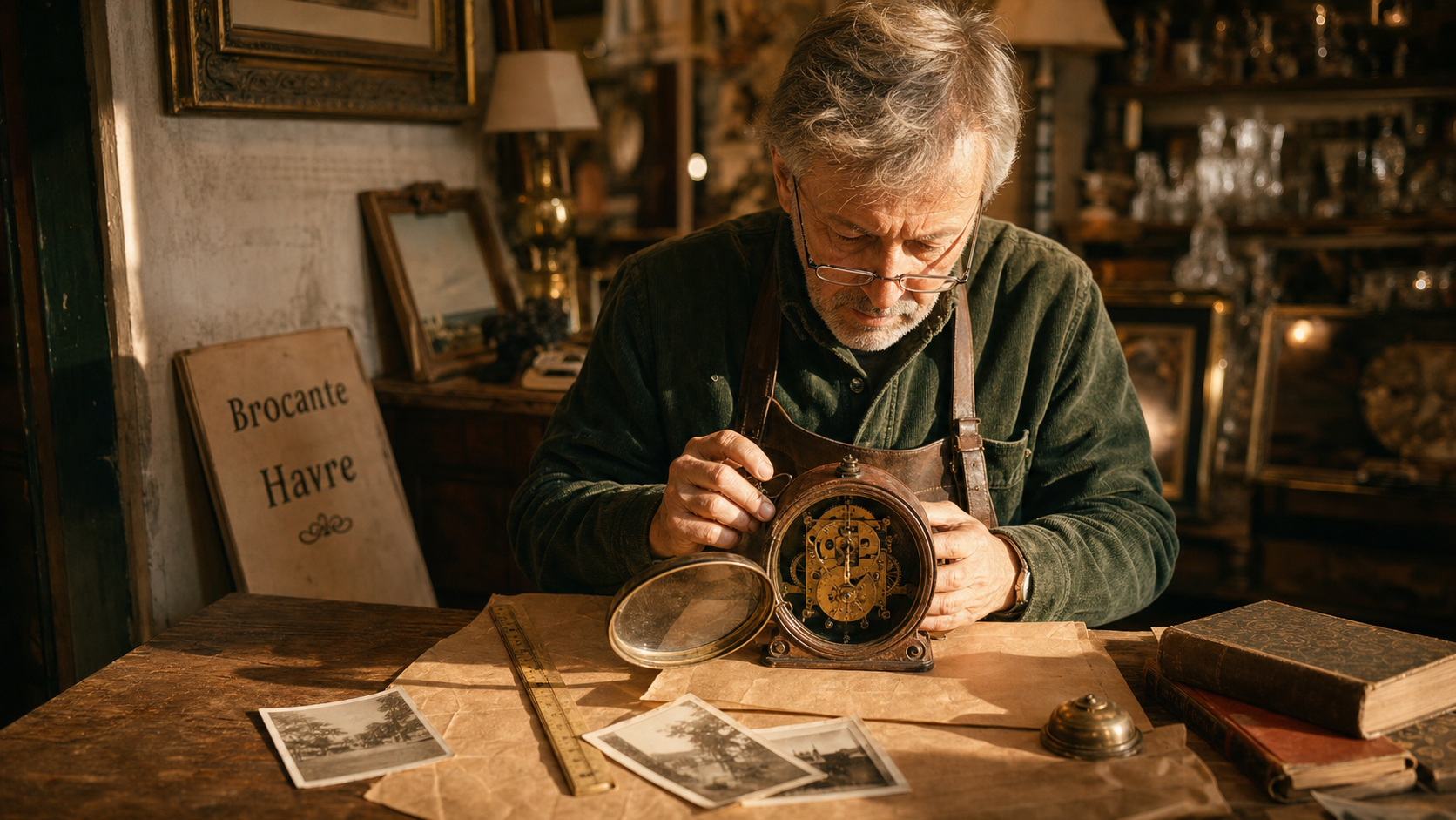 Brocanteurs le Havre examinant une pendule ancienne pour estimer la valeur