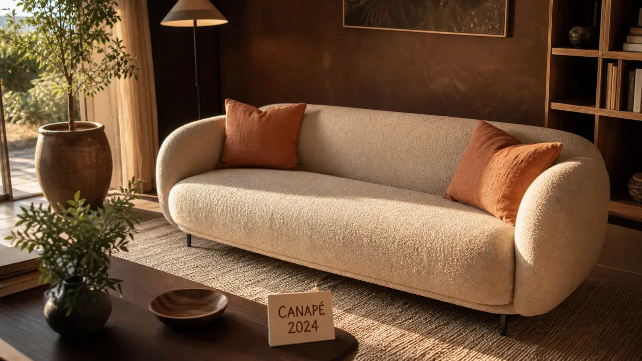 Canapé tendance bouclé beige aux formes arrondies, modularité