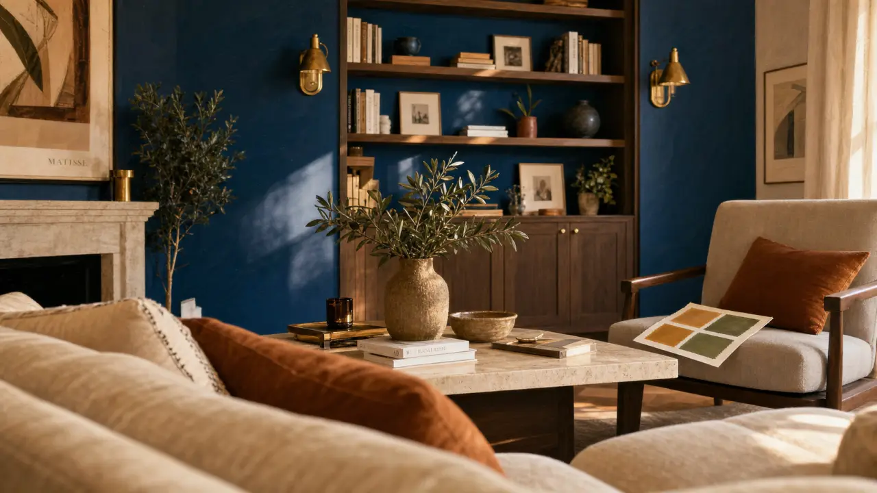 Couleur salon tendance : bleu profond et beige crème, salon chaleureux