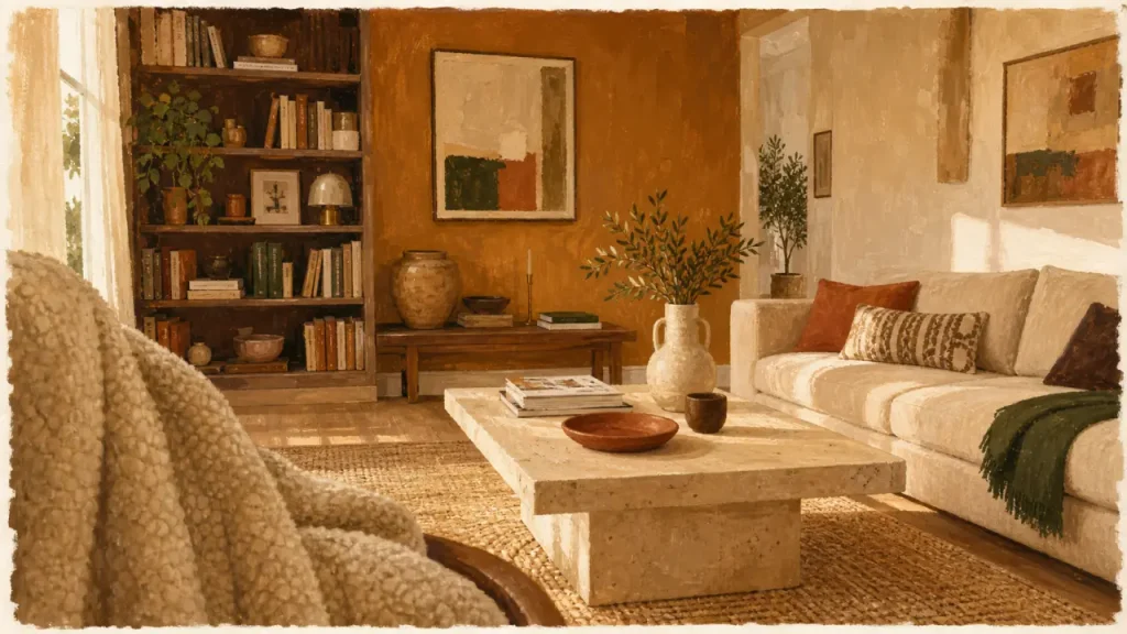 Couleur salon tendance : ocre doux, crème et travertin, salon chaleureux