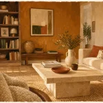 Couleur salon tendance : ocre doux, crème et travertin, salon chaleureux