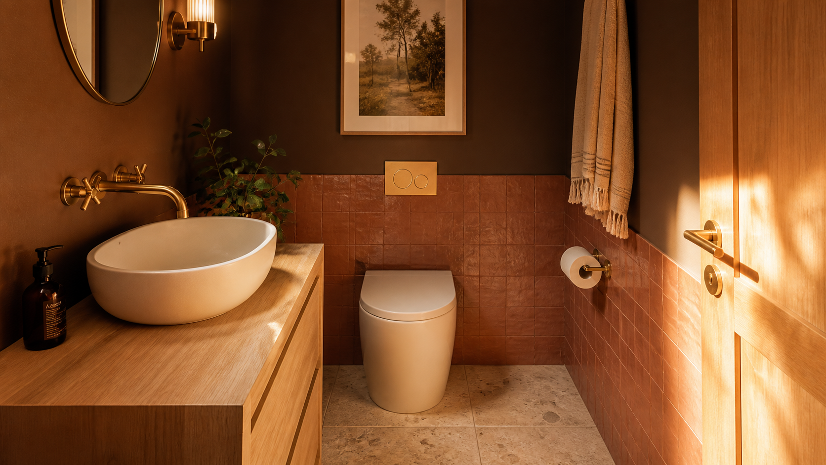 Couleur wc tendance 2024 : brun chocolat terracotta et laiton doré
