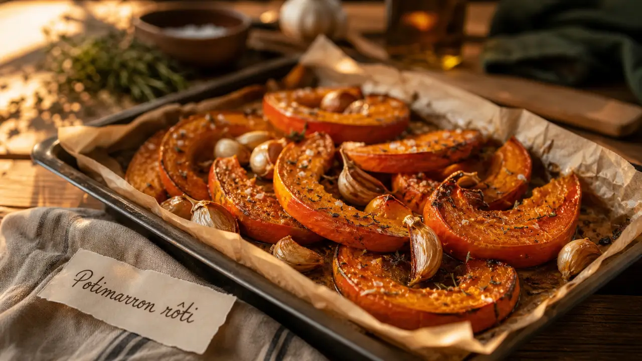 Cuisson potimarron au four : tranches fondantes rôties dorées, ail et herbes