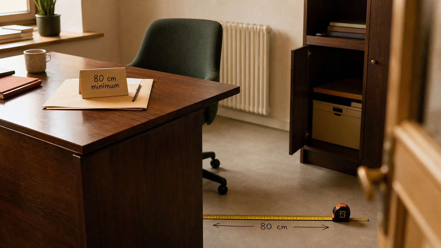 Distance entre bureau et mur : 70 cm minimum, repère 80 cm sur le sol