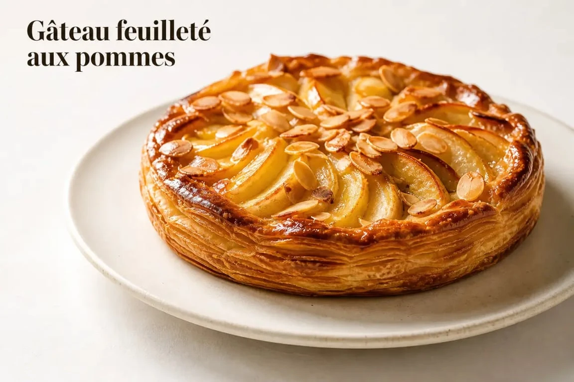 Recette gâteau avec pâte feuilletée facile aux pommes, compote et amandes sur assiette blanche