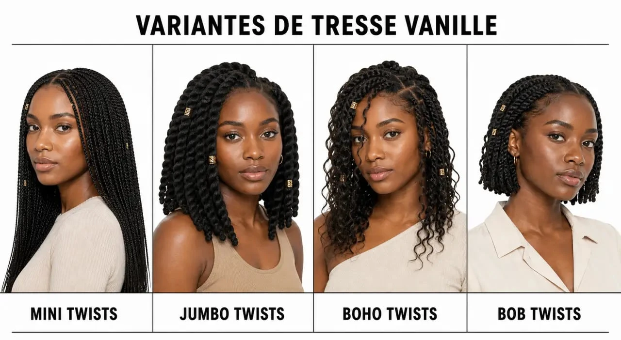 Tresse vanille : comparaison visuelle des styles mini, jumbo, boho et bob sur cheveux crépus naturels