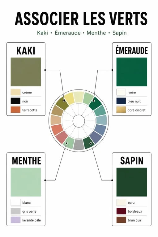 Infographie des associations de couleurs avec le vert pour la mode et la décoration intérieure