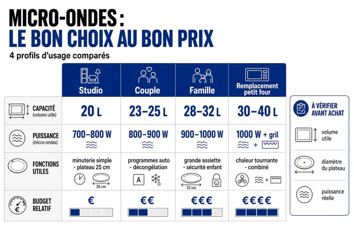 Comparatif du meilleur micro ondes rapport qualité prix selon l’usage, la capacité et la puissance