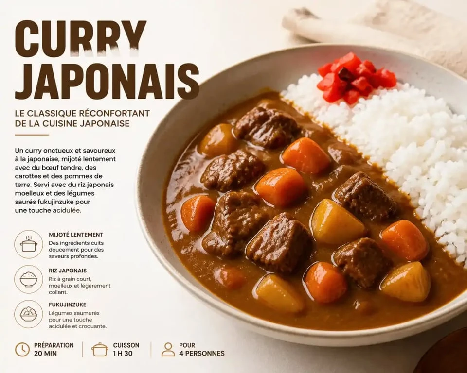 Recette curry japonais traditionnel servi avec du riz rond dans une assiette creuse