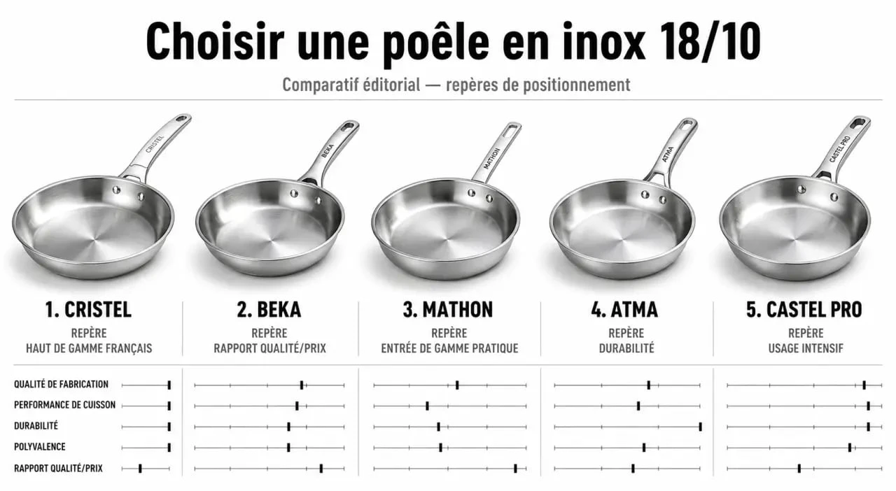 Comparatif poele inox 18/10 des principales marques : Cristel, Beka, Mathon, Atma et Castel Pro