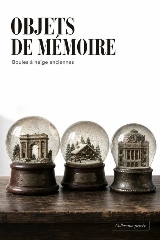 Boules à neige anciennes de collection exposées sur une table en bois sombre