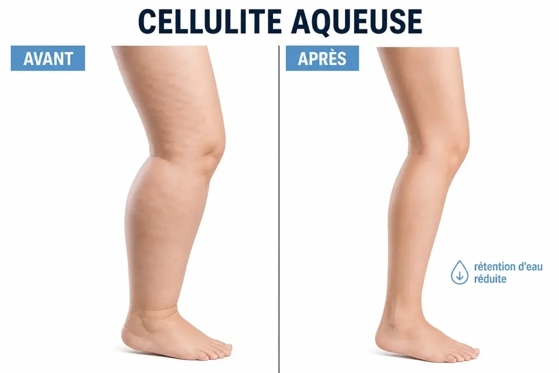 Cellulite aqueuse avant apres : comparaison visuelle d’une jambe avant et après réduction de la rétention d’eau