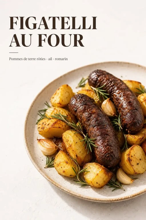 Figatelli recette au four avec pommes de terre rôties dans une assiette rustique