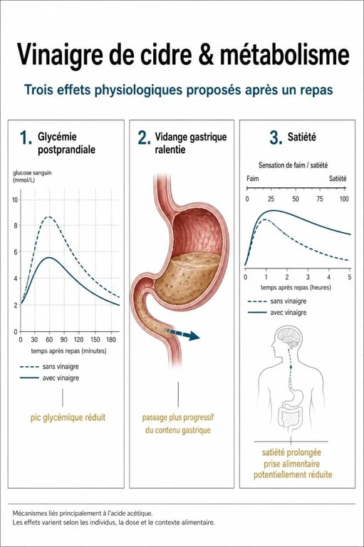 Infographie sur les mécanismes d'action du vinaigre de cidre et régime pour la perte de poids