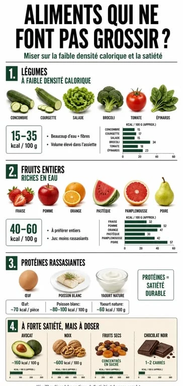Infographie sur les aliments qui ne font pas grossir avec légumes, fruits, œufs et yaourt nature