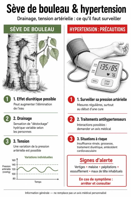 Infographie sur la sève de bouleau et hypertension : bénéfices, risques et précautions