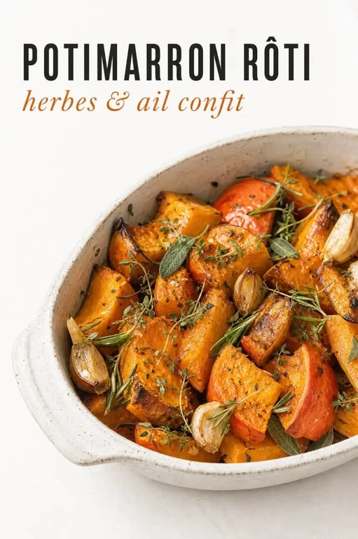 Potimarron rôti au four avec herbes et ail, prêt à être dégusté