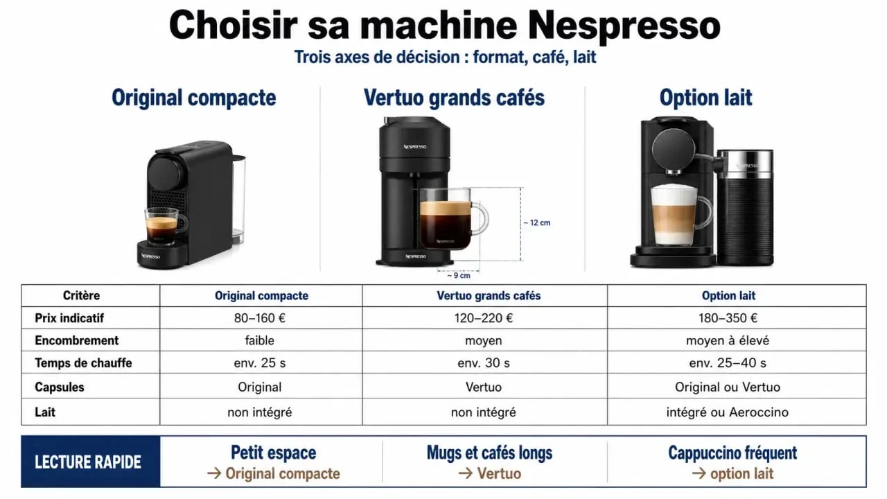 Nespresso machine comparatif des gammes Original et Vertuo avec prix, formats et options lait