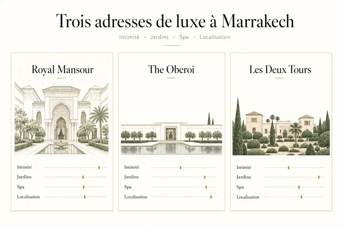 Comparatif des hôtels de luxe à Marrakech avec Royal Mansour, The Oberoi et Les Deux Tours