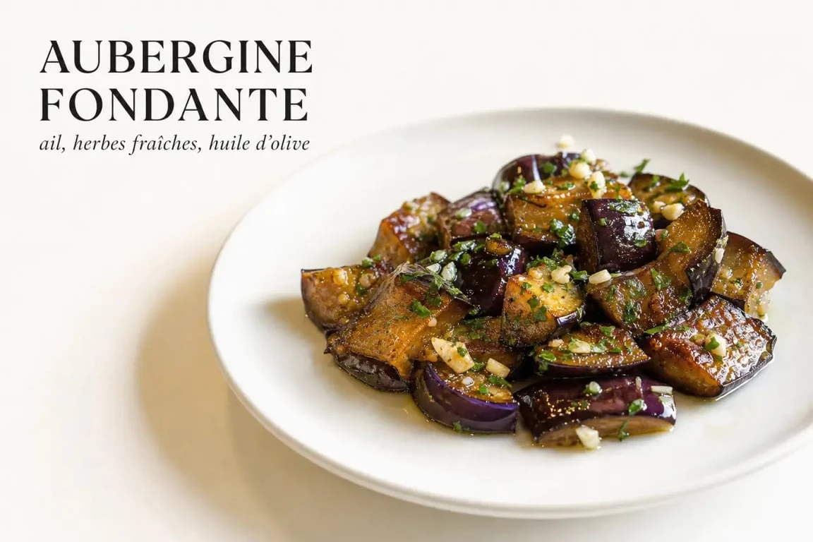 Aubergine fondante à la poêle servie en assiette, dorée et moelleuse