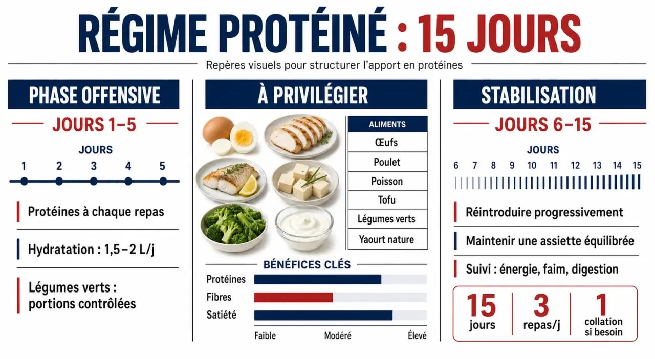 Régime protéine 15 jours : illustration éditoriale des phases, aliments à privilégier et stabilisation