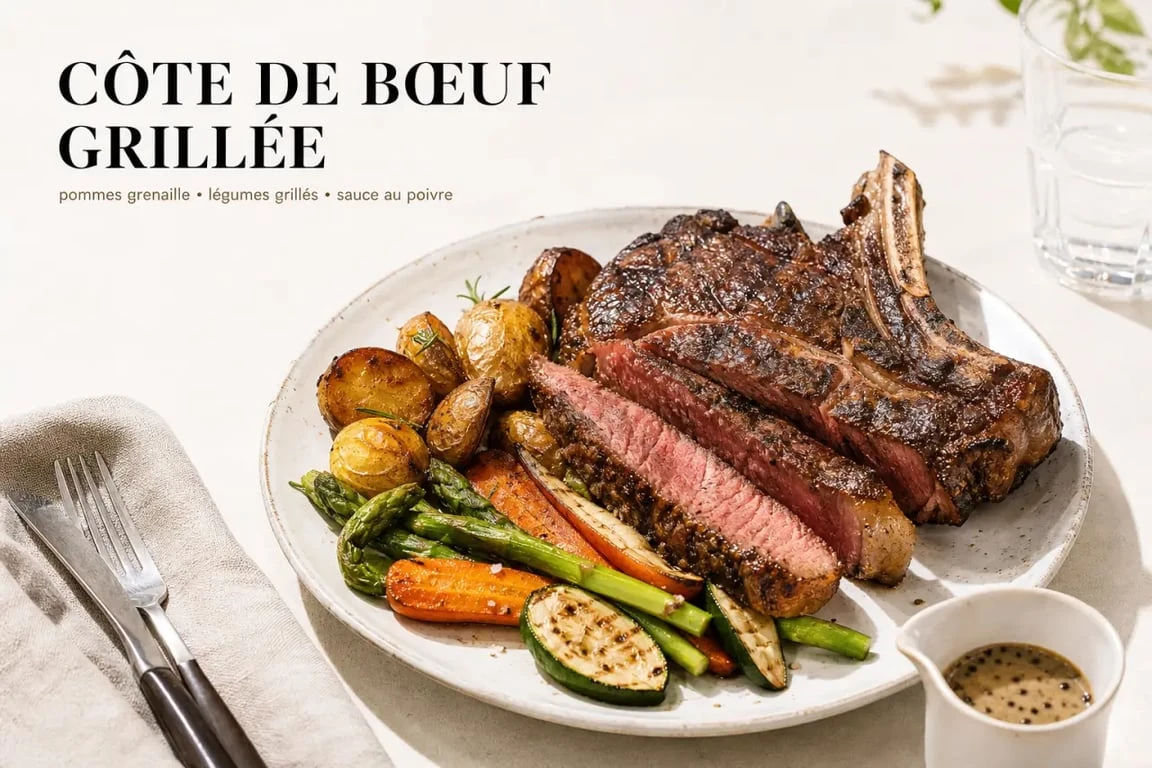 Accompagnement cote de boeuf avec pommes de terre grenaille rôties, légumes grillés et sauce au poivre