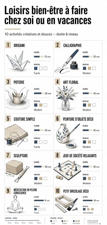 Illustration éditoriale sur le bien-être et fitness avec 10 activités créatives et douces à faire chez soi ou en vacances