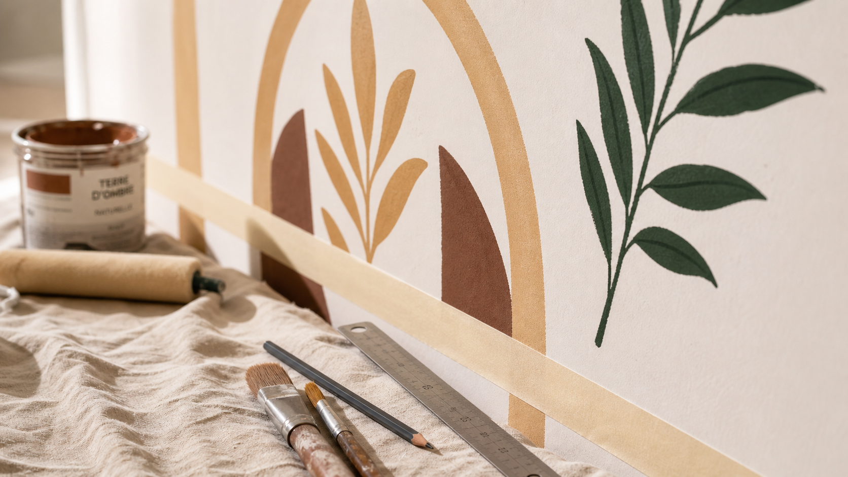 Fresque murale facile à faire avec ruban de masquage et couleurs nettes sur mur blanc