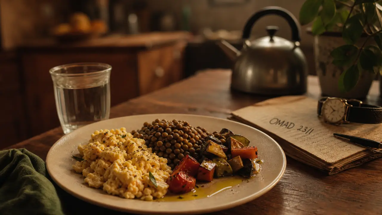 Manger une fois par jour (OMAD) : assiette équilibrée et verre d’eau