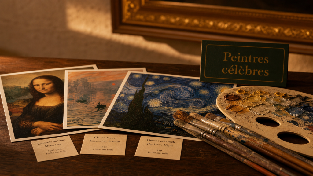 Peintre connu : reproductions La Joconde, Impression et La Nuit étoilée sur bureau
