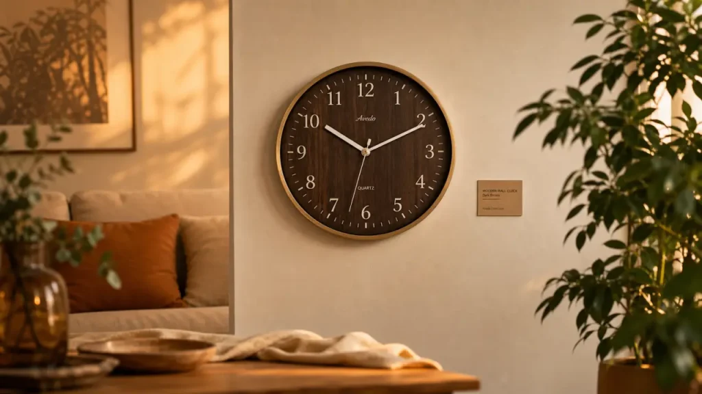 Pendule murale vintage en bois sombre dans un salon beige