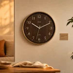 Pendule murale vintage en bois sombre dans un salon beige