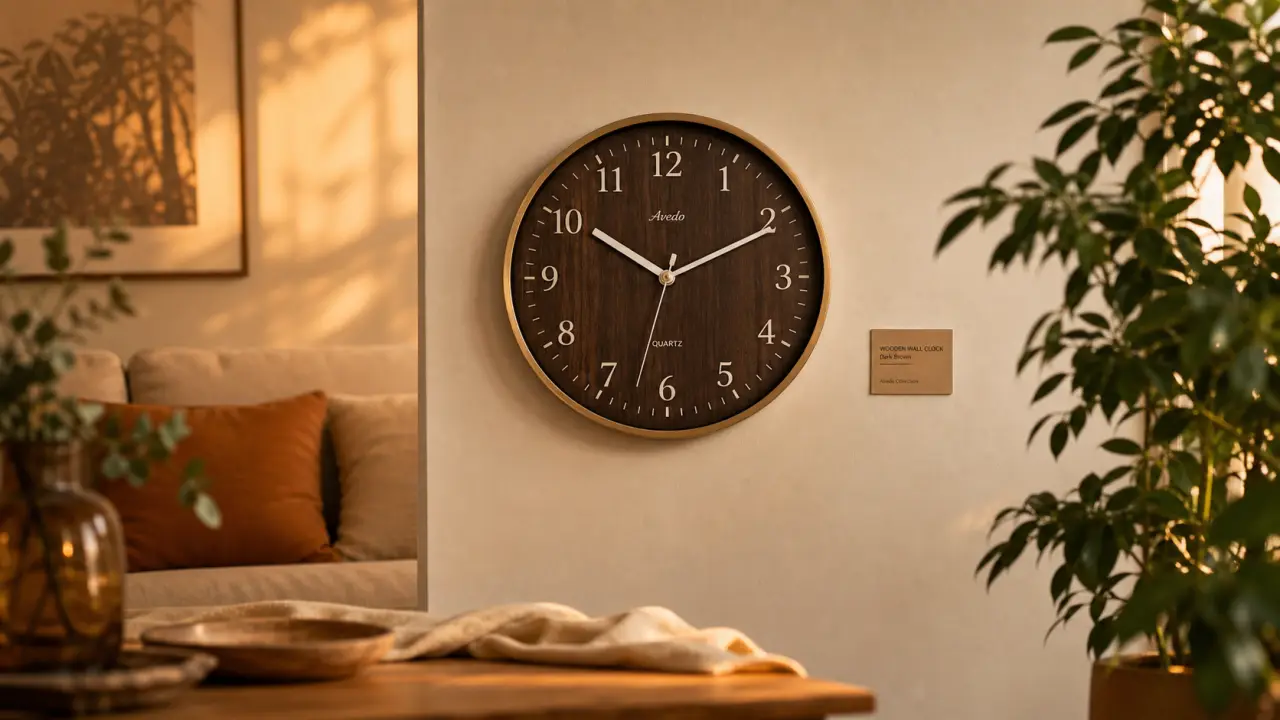 Pendule murale vintage en bois sombre dans un salon beige