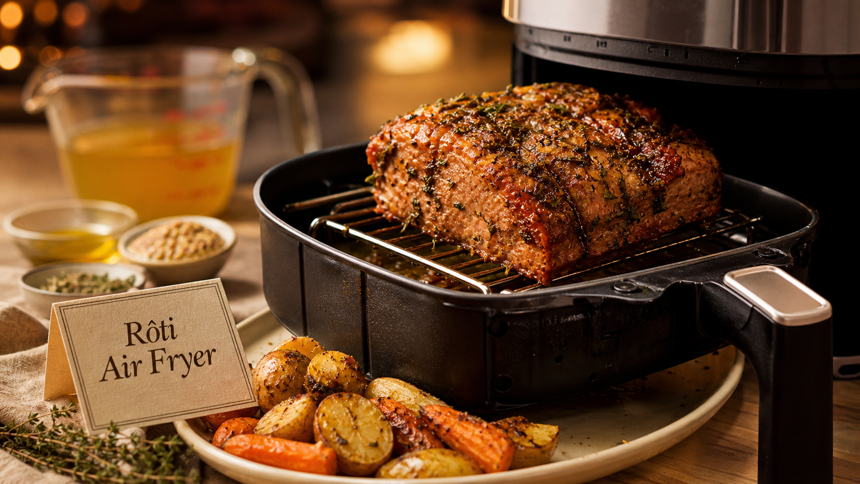 Rôti de porc au air fryer à 180°C, juteux avec repos et bouillon