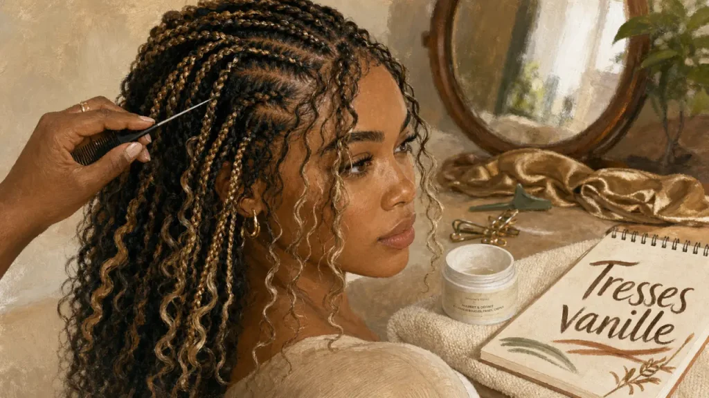 Tresse vanille mini et boho sur cheveux crépus, torsades nettes et mèches libres