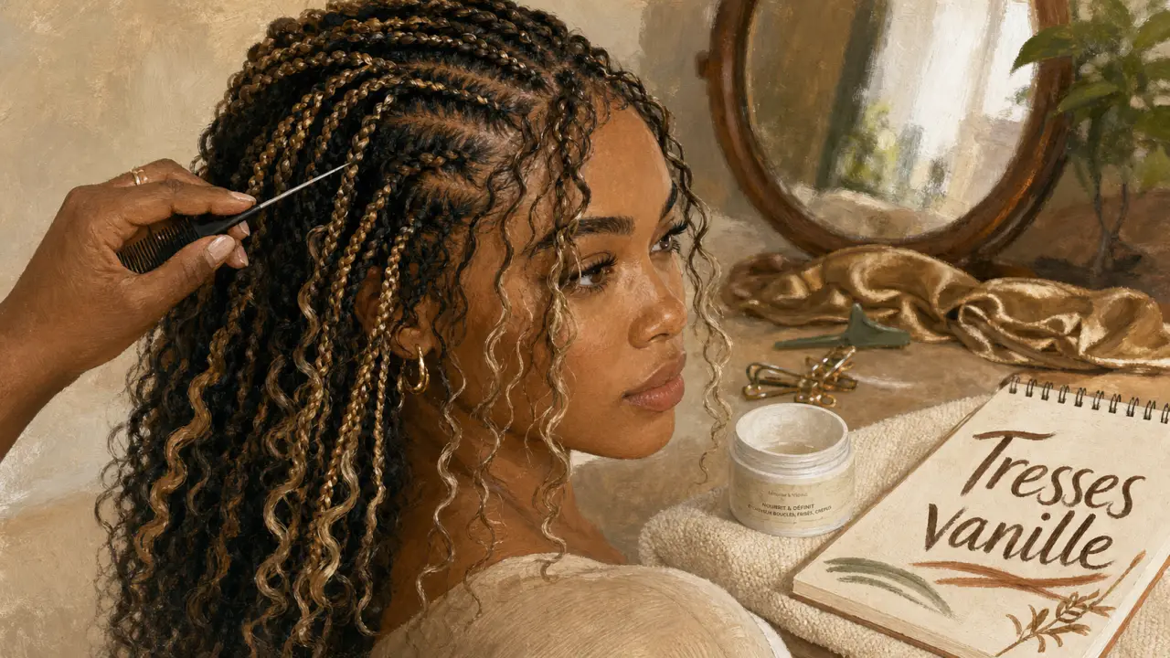 Tresse vanille mini et boho sur cheveux crépus, torsades nettes et mèches libres